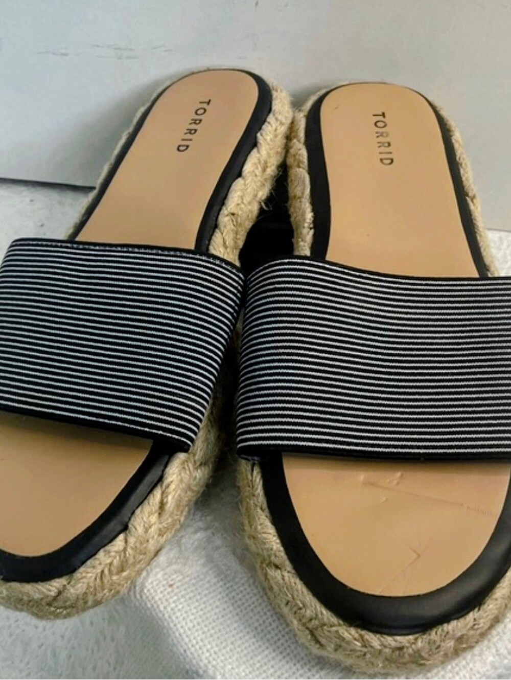 Torrid Black‎ & White Striped Espadrille Slide Sandals~ Size 13 WW